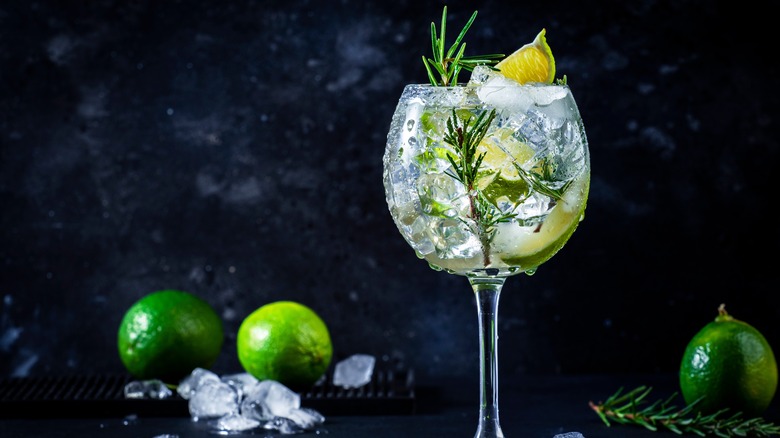 G&T in wine glass with lime