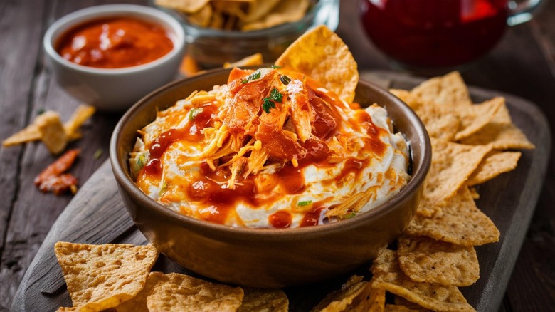 A bowl of buffalo chicken dip served with tortilla chips