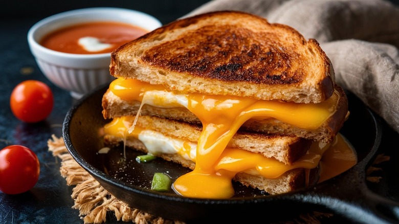 Grilled cheese sandwich with gooey melted cheese in skillet