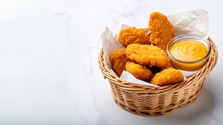 Basket of chicken tenders with honey mustard dipping sauce