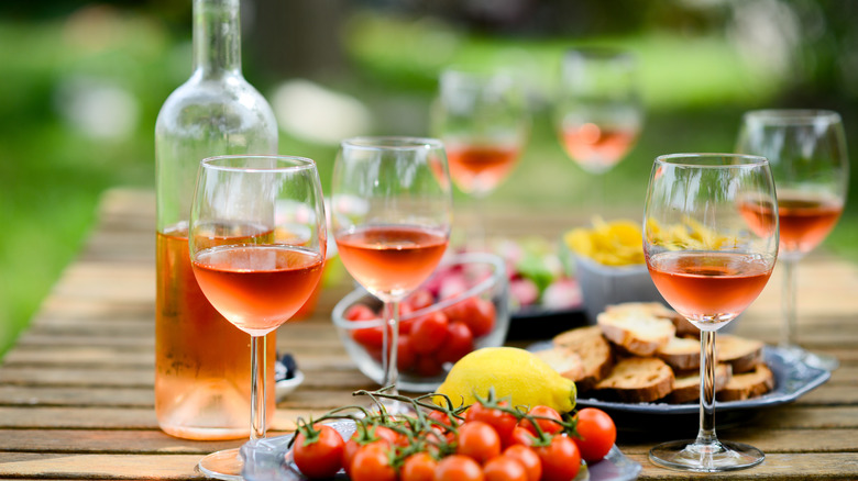 Glasses of rosé wine on a table