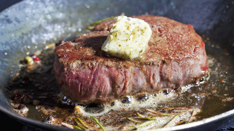 Beef in a pan with butter