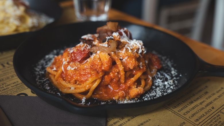 Serving of bucatini all'Amatriciana