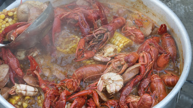 crawfish boil, corn, shrimp