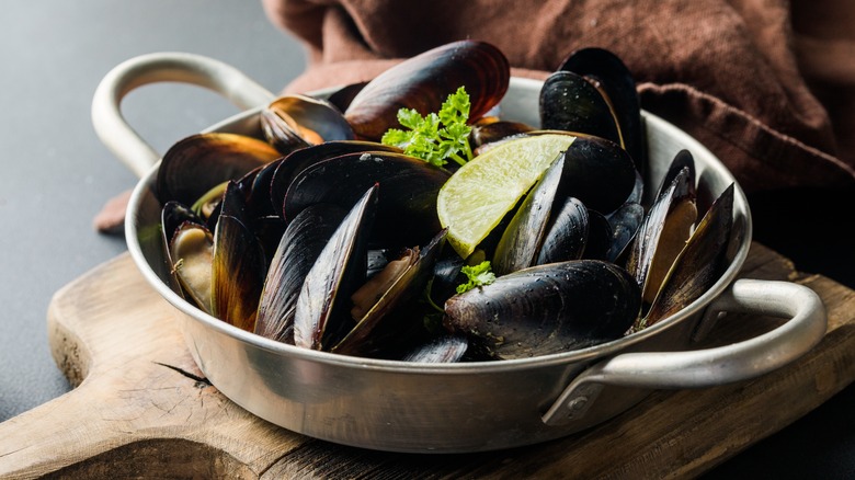 mussels in a silver bowl