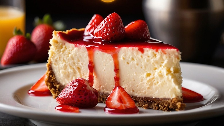 Slice of cheesecake with strawberries and sauce