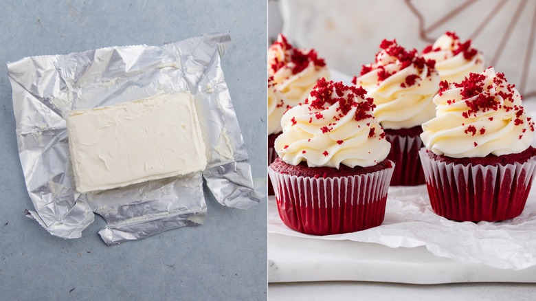 An open package of cream cheese and red velvet cupcakes topped with cream cheese frosting