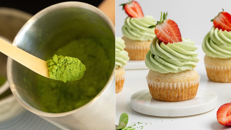 A person scooping matcha powder from a jar and a bunch of cupcakes with match frosting