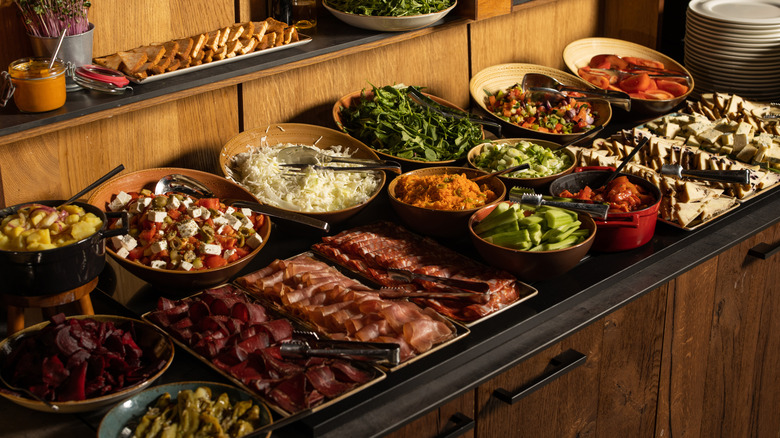 A wide-angle shot of a full buffet table.