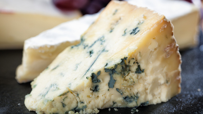 A hunk of blue cheese is sitting next to some Brie.