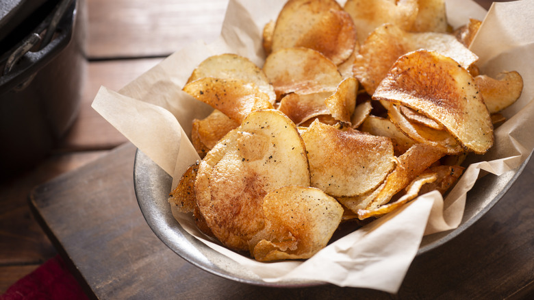 Basket of homemade potato chips.