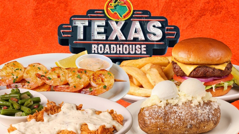 Texas Roadhouse dishes including chicken, shrimp, a burger, and a baked potato