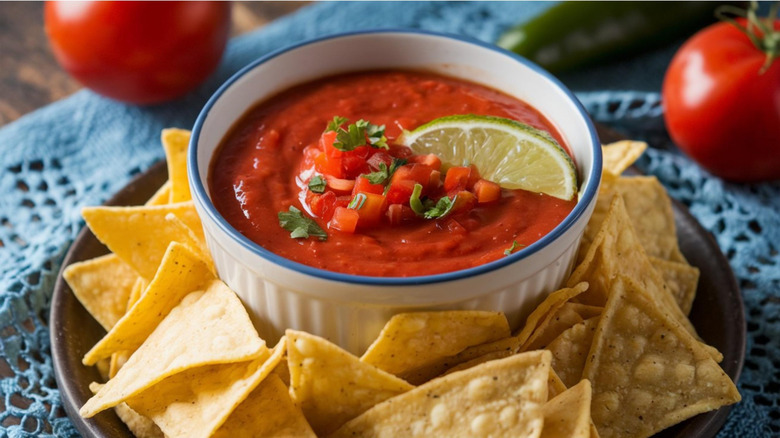 Salsa in a bowl with tortilla chips