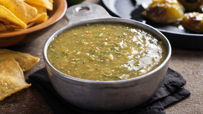 Bowl of roasted salsa with tortilla chips