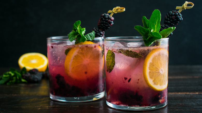 Two blackberry cocktails garnished with lemon and herbs.