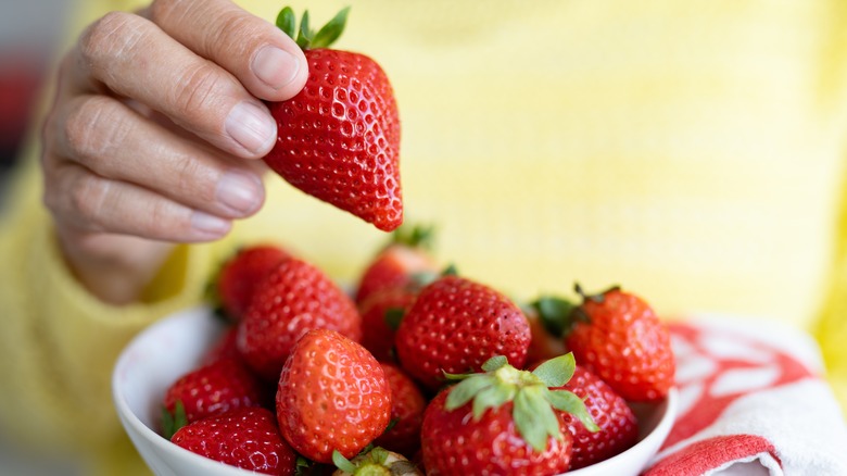 Person holding bowl fresh strawberries