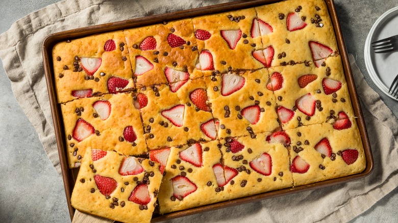 Strawberry and chocolate sheet pan pancakes