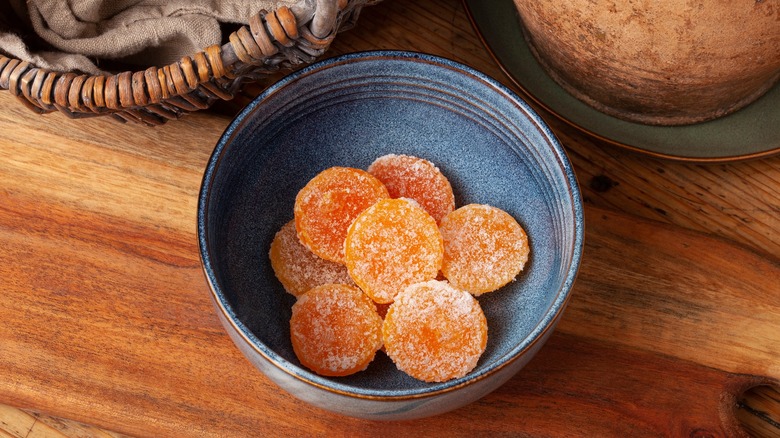 Salt cured egg yolks in a bowl