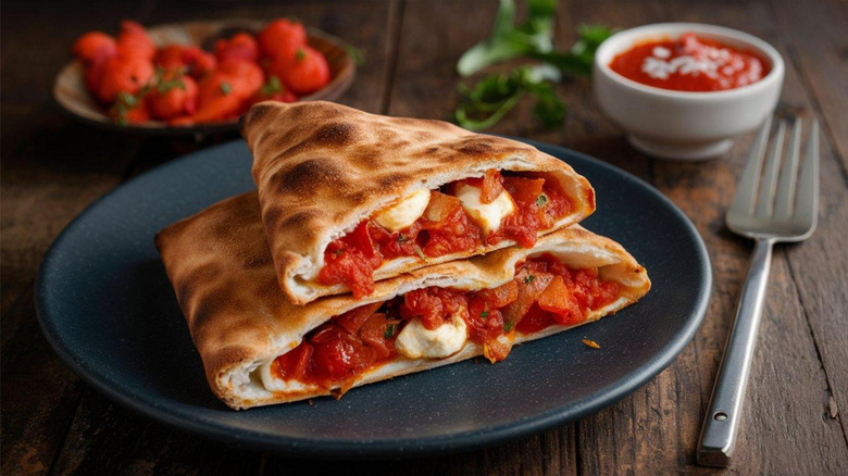 A toasty calzone cut in half to show tomato and mozzarella inside.