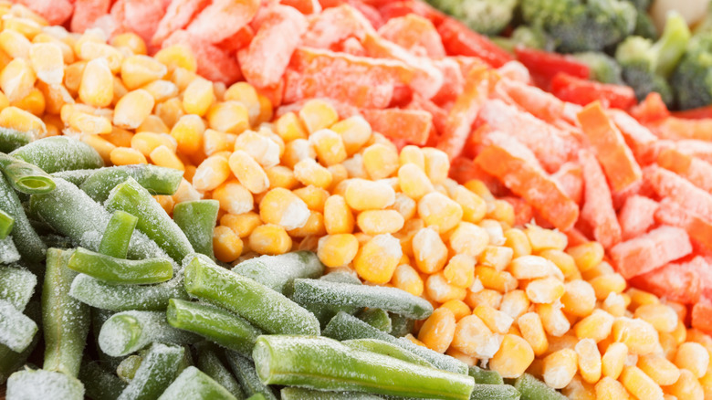 Frozen vegetables assorted in rows