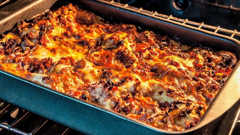 pan of lasagna in the oven