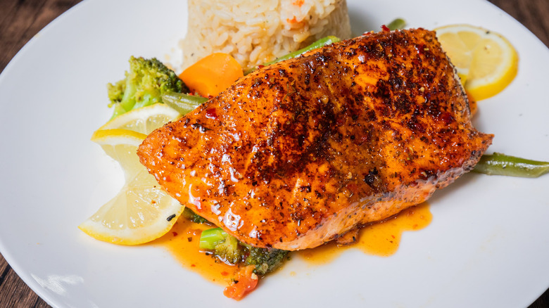 Glazed salmon on a plate