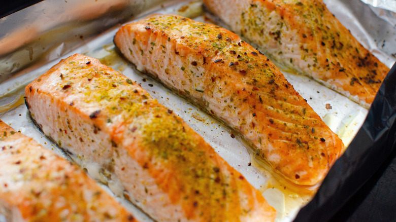 Salmon on a baking tray