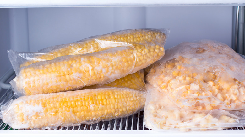 Frozen corn in bag in freezer