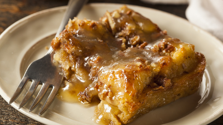 bread pudding with nuts on plate