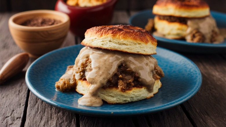 Thick, sausage gravy in a biscuit