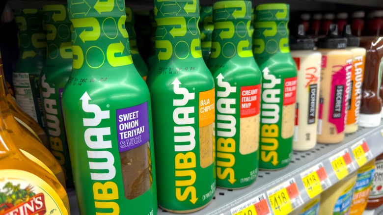 Four rows of Subway sauces on a grocery store shelf