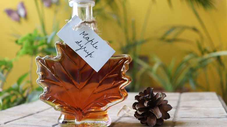 Leaf-shaped bottle of maple syrup