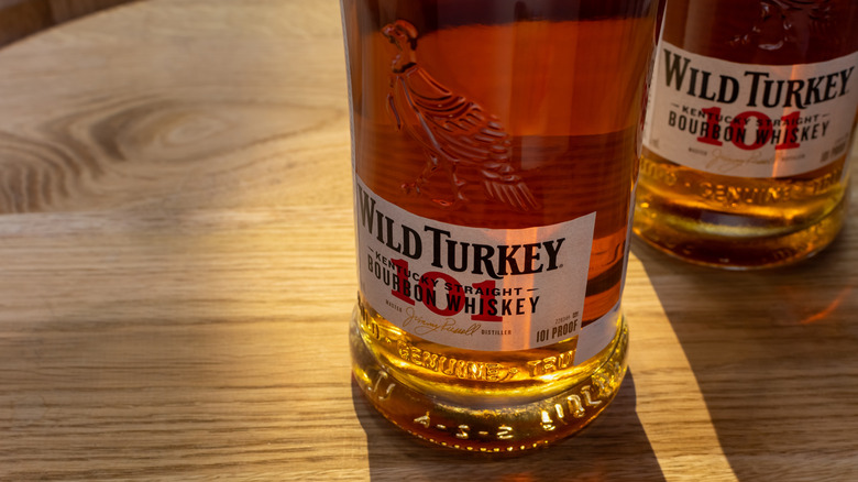 Closeup of the label on a bottle of Wild Turkey 101