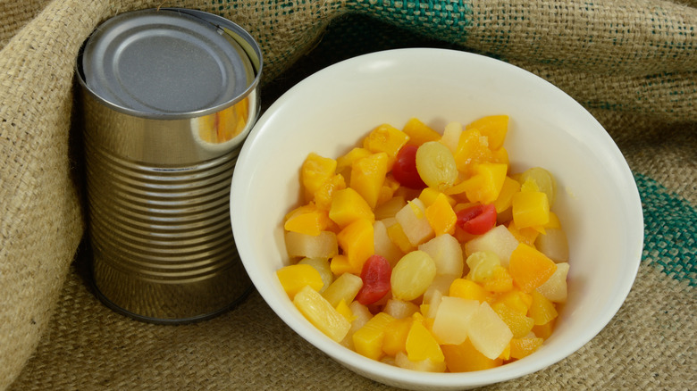 canned fruit cocktail in a bowl