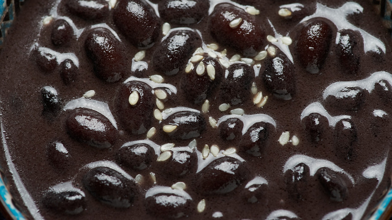 A close-up shot of black bean soup