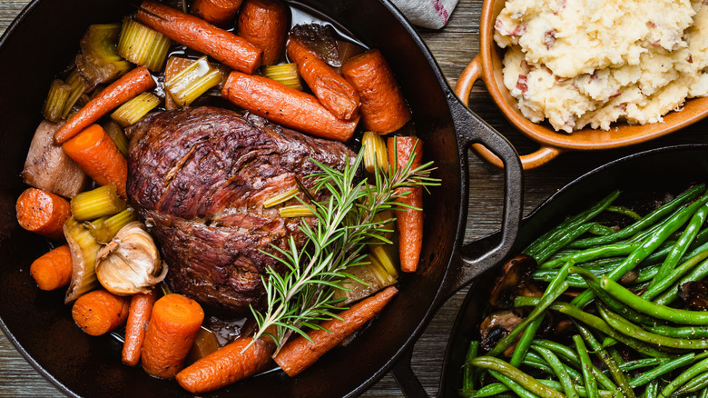 Pot roast, potatoes, and green beans