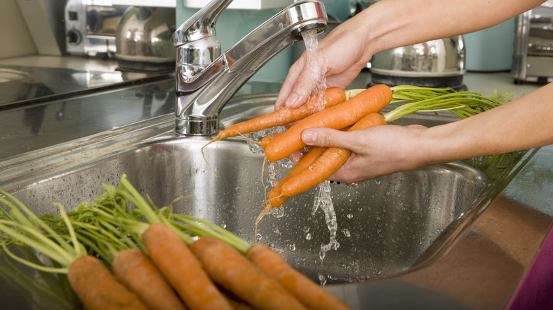 Washing whole carrots under faucet