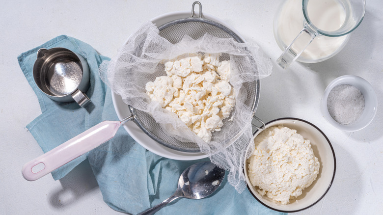 making chhurpi with cheesecloth