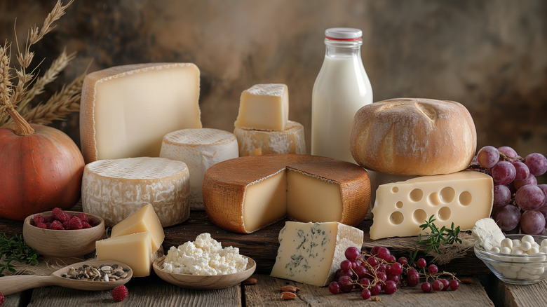 Several types of cheese arranged together for a portrait.