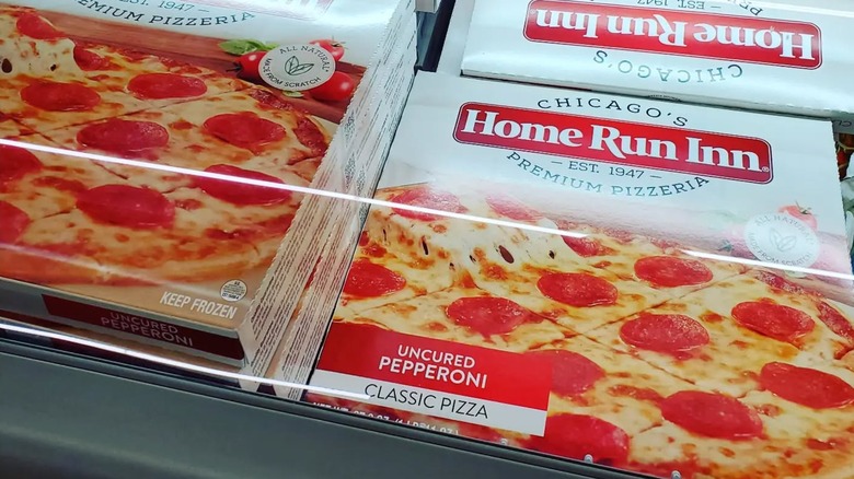 Boxes of frozen Home Run Inn pepperoni pizza at the supermarket