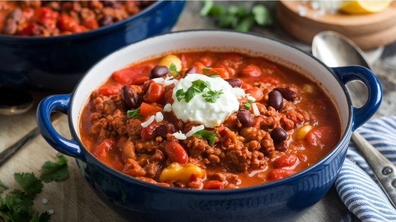 Bowl of chili topped with sour cream and cilantro