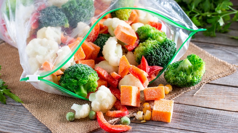 plastic bag of frozen vegetables