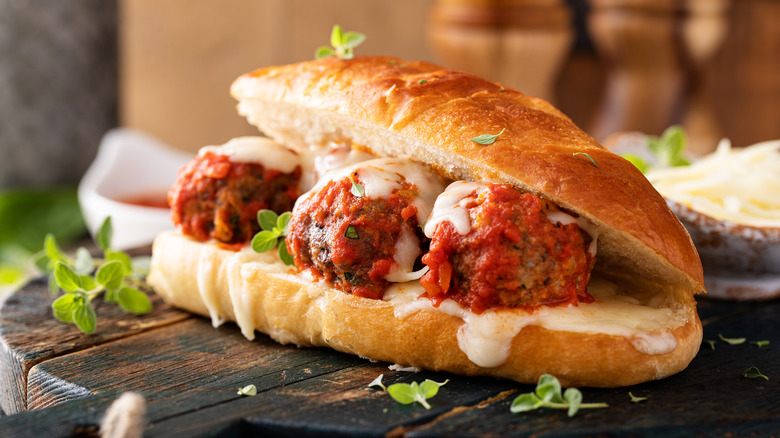 Meatball sub on wooden board