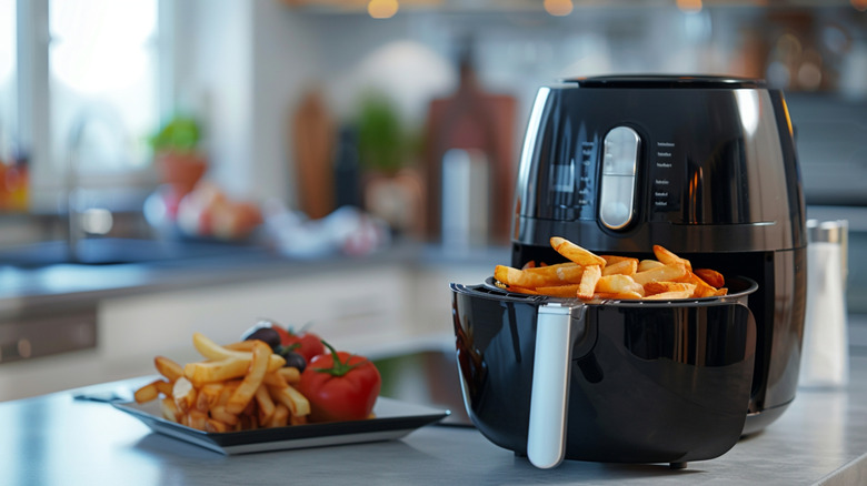 An air fryer full or crispy fries sitting next to fries on a plate