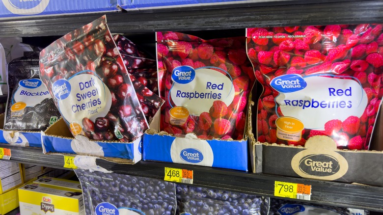 Frozen fruit on grocery shelf