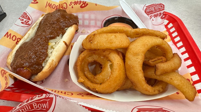 Half-smoke and onion rings from Ben's Chili Bowl