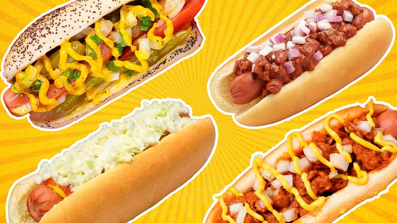 Four regional hot dogs in buns with toppings on a yellow and gold background