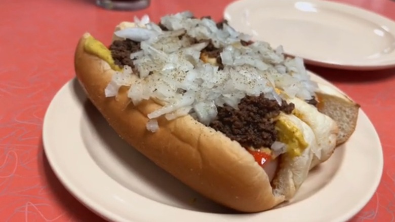 Rhode Island hot wiener with toppings