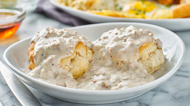 Biscuits and gravy in bowl