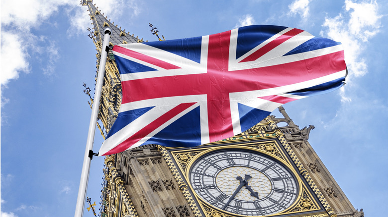 The U.K. flag in front of Big Ben.